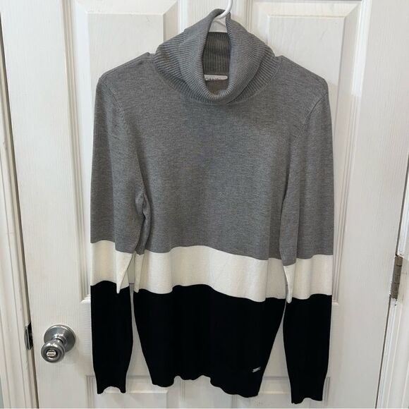 Calvin Klein Grey, white and black colorblock turtleneck sweater- NWOT sz. LG - Picture 2 of 11